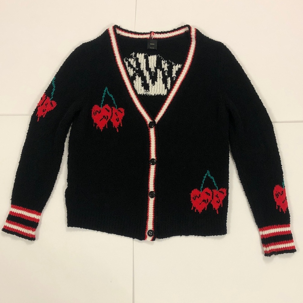 Pinko XS (up to XL) Realgar Cardigan Black w Red Green Cherry 🍒 Logo Design back